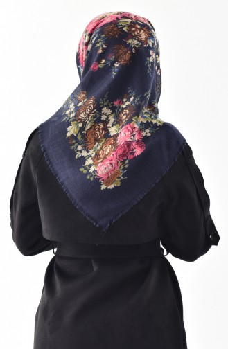 Floral Patterned Flamed Cotton Scarf 2155-15 Navy Blue Pink 2155-15