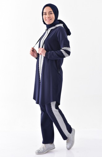 Stone Printed Tracksuit Suit 2038-01 Navy Blue 2038-01