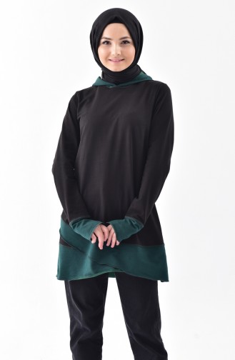 TUBANUR Hooded Sport Tunic 3060-04 Black Emerald Green 3060-04