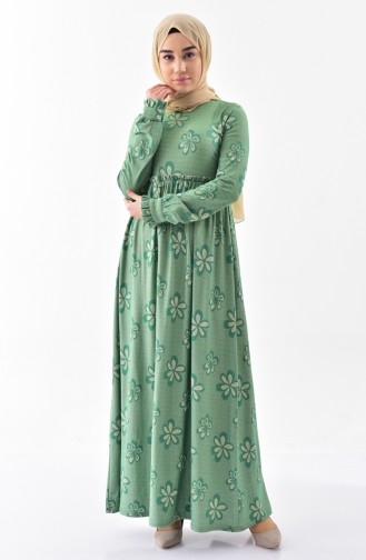 Desenli Fırfırlı Elbise 7138-03 Yeşil