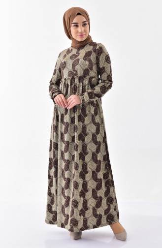 Desenli Fırfırlı Elbise 7139-02 Kahverengi