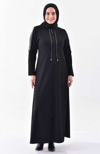 معطف طويل بتصميم مُزين بالجلد 1010-01 لون أسود 1010-01