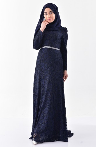 Lace Covering Belted Evening Dress 3205-01 Navy Blue 3205-01