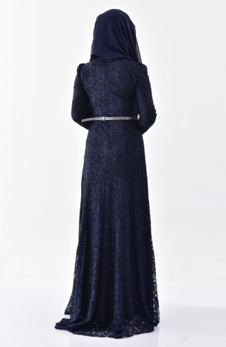 Lace Covering Belted Evening Dress 3205-01 Navy Blue 3205-01