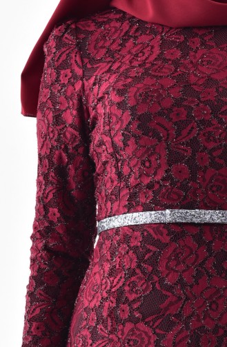 Lace Covering Belted Evening Dress 3205-02 Claret Red 3205-02