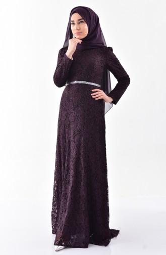 Lace Covering Belted Evening Dress 3205-03 Purple 3205-03