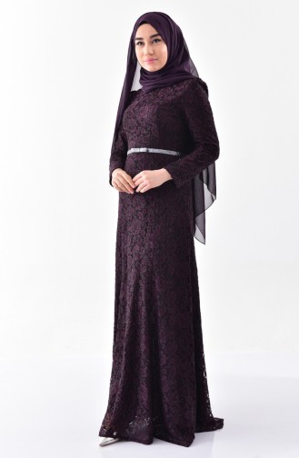 Lace Covering Belted Evening Dress 3205-03 Purple 3205-03
