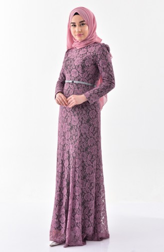 Lace Covering Belted Evening Dress 3205-04 Rose Dry 3205-04