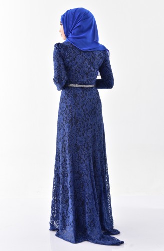 Lace Covering Belted Evening Dress 3205-05 Indigo 3205-05