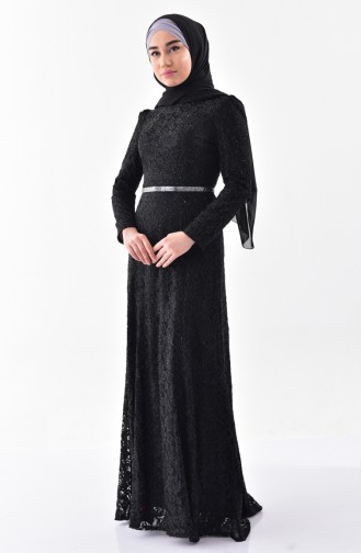 Lace Covering Belted Evening Dress 3205-07 Black 3205-07