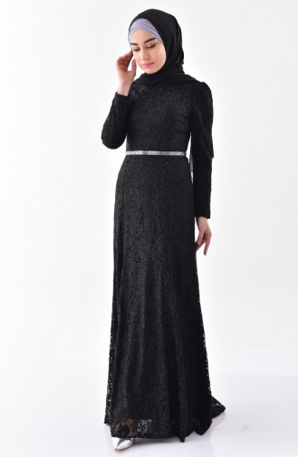 Lace Covering Belted Evening Dress 3205-07 Black 3205-07