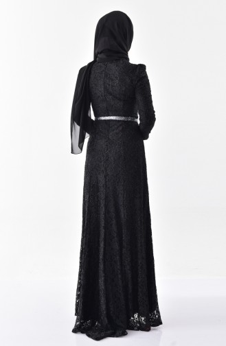 Lace Covering Belted Evening Dress 3205-07 Black 3205-07