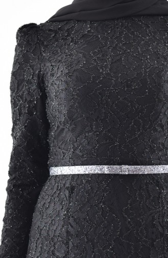 Robe de Soirée a Ceinture et Dentelle 3205-07 Noir 3205-07