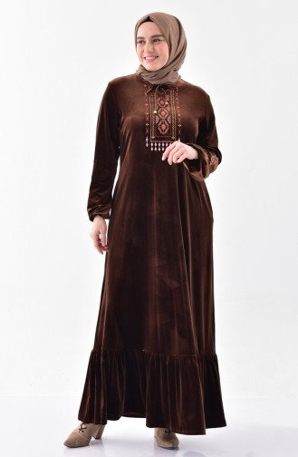 فستان مخمل بتفاصيل مُطرزة 2073-04 لون بُني 2073-04