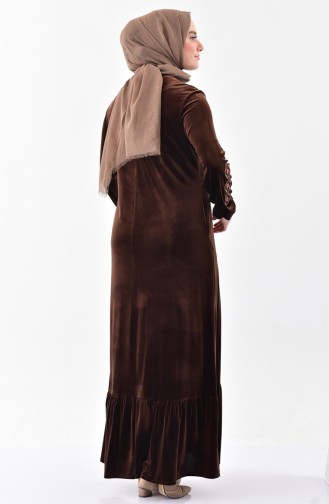 Nakışlı Kadife Elbise 2073-04 Kahverengi
