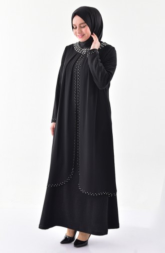 فستان مُزين بتفاصيل من اللؤلؤ بمقاسات كبيرة 3138-01لون أسود 3138-01