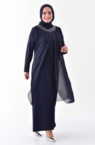 Robe de Soirée Perlées Grande Taille 3138-02 Bleu Marine 3138-02