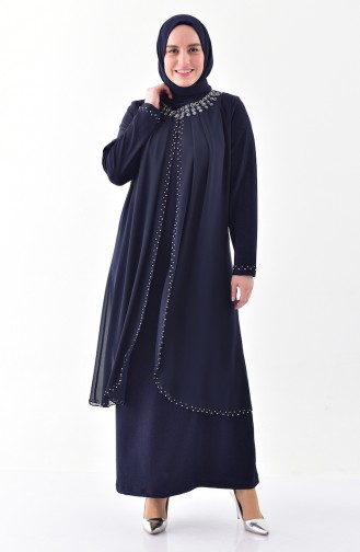 Robe de Soirée Perlées Grande Taille 3138-02 Bleu Marine 3138-02