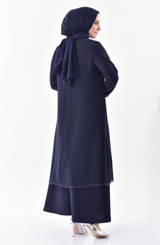 Robe de Soirée Perlées Grande Taille 3138-02 Bleu Marine 3138-02