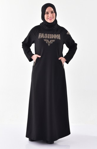Büyük Beden Taş Baskılı Spor Elbise 2064-03 Siyah
