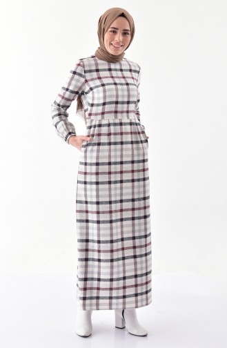 Plaid Patterned Winter Dress 2042-01 Ecru 2042-01