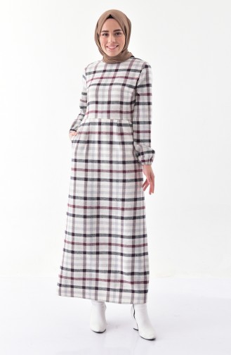 Plaid Patterned Winter Dress 2042-01 Ecru 2042-01