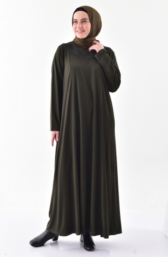 فستان بتصميم مُطبع باحجار لامعة بمقاسات كبيرة 4841-04 لون اخضر كاكي 4841-04
