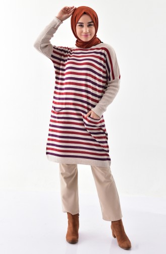 Striped Knitwear Tunic 8095-07 Beige 8095-07