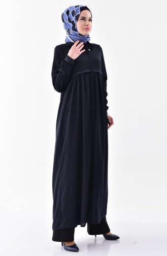 Bestickt Gerafftes Abaya 5920-03 Dunkelblau 5920-03