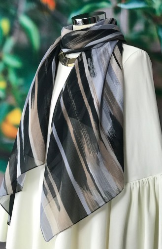 Stripe Patterned Chiffon Shawl 60529-01 Gray 60529-01