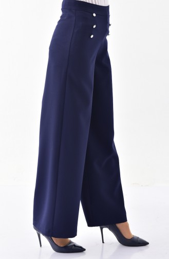 Buttoned Detail Wide Leg Trouser 3125-01 Navy Blue 3125-01