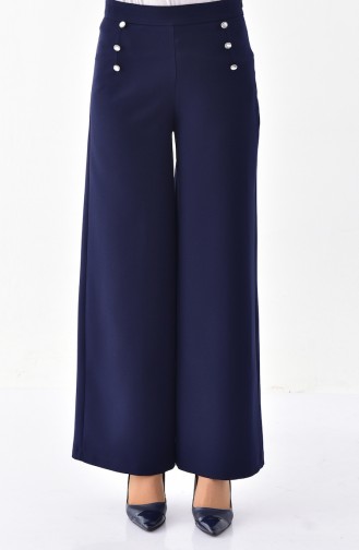 Buttoned Detail Wide Leg Trouser 3125-01 Navy Blue 3125-01