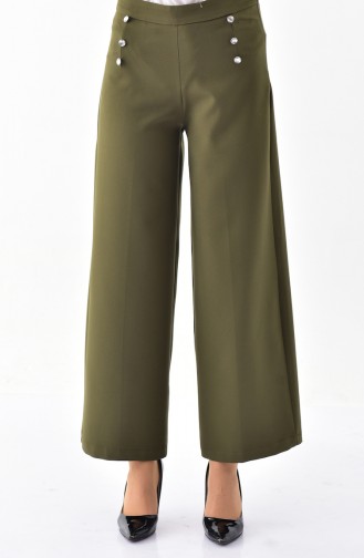 Buttoned Detail Wide Leg Trouser 3125-03 Khaki 3125-03