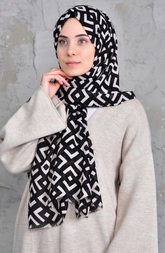 Desenli Cotton Şal 901423-12 Siyah Kirli Beyaz
