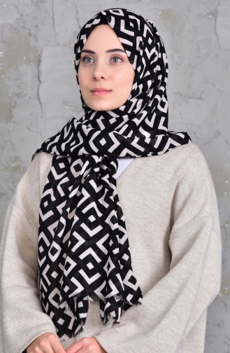 Desenli Cotton Şal 901423-12 Siyah Kirli Beyaz