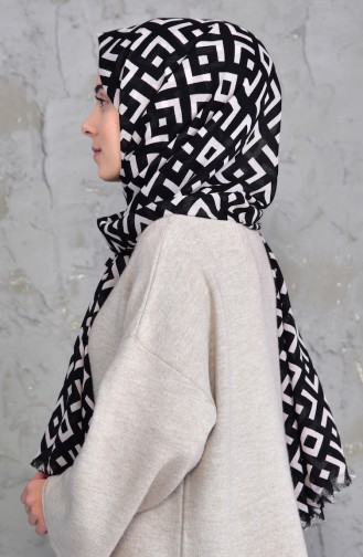 Desenli Cotton Şal 901423-12 Siyah Kirli Beyaz