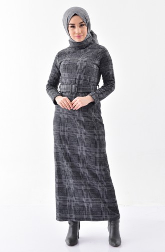 فستان بتصميم ياقة عالية حزام للخصر 0002-01 لون رمادي 0002-01