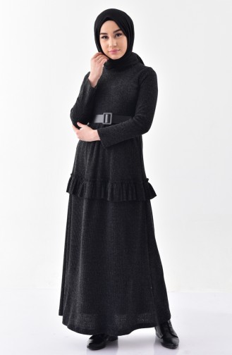 Kemerli Fırfırlı Elbise 0293-02 Siyah