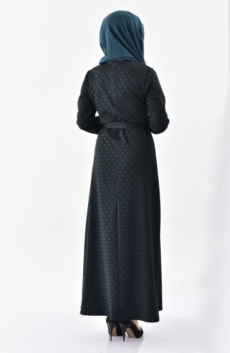 Desenli Kuşaklı Elbise 7147-01 Siyah