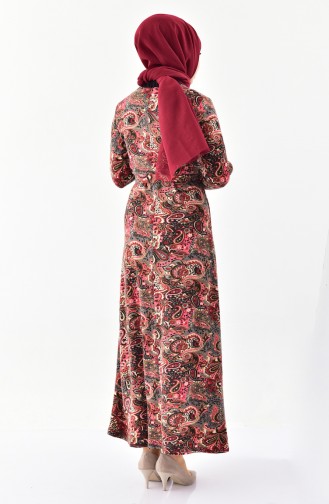 Dilber Patterned Belted Dress 7148-02 Claret Red 7148-02