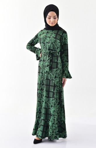 Simli Volanlı Elbise 7149-02 Zümrüt Yeşil