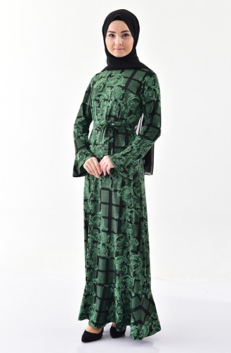 Simli Volanlı Elbise 7149-02 Zümrüt Yeşil