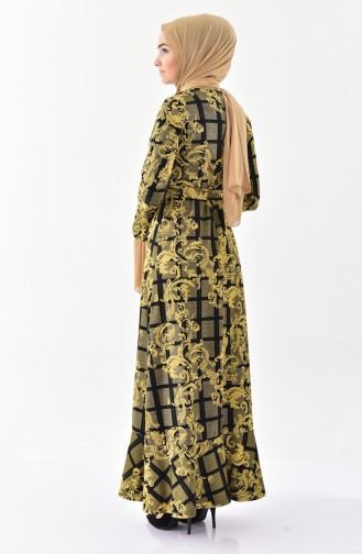 Simli Volanlı Elbise 7149-03 Gold