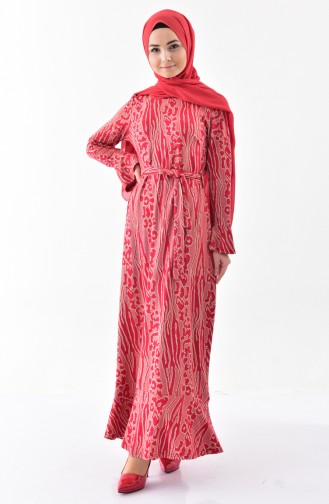 Simli Volanlı Elbise 7151-01 Kırmızı