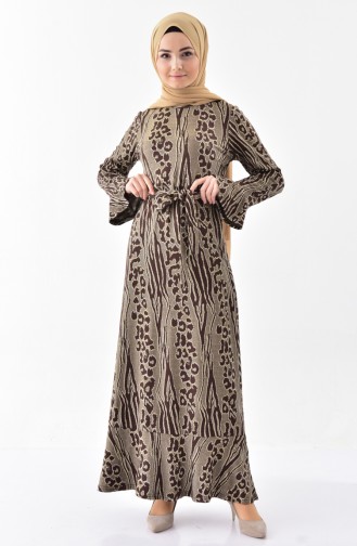 Simli Volanlı Elbise 7151-02 Kahverengi