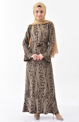 Simli Volanlı Elbise 7151-02 Kahverengi
