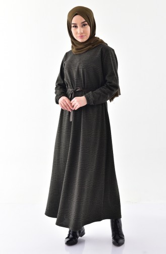 Large Size Plaid Patterned Winter Dress 4404-03 Khaki 4404-03