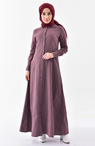TUBANUR Checkered Buttoned Dress 3064-02 Claret Red 3064-02