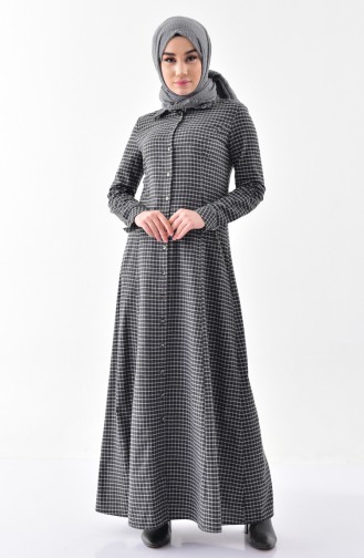Kareli Düğmeli Elbise 3064-03 Siyah