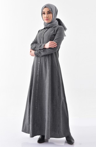 Kareli Düğmeli Elbise 3064-03 Siyah